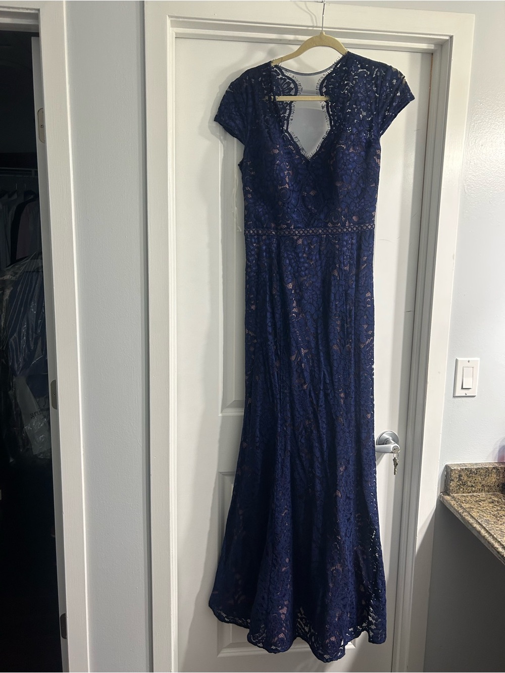 Navy Lace Cap-Sleeve Maxi Dress